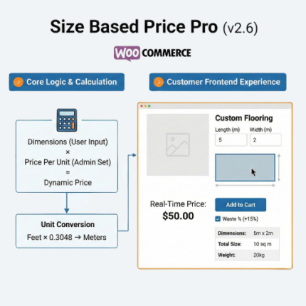 Turn your WooCommerce store into a dynamic pricing engine. Sell products by Length, Area, or Volume with real-time calculations. Features Hybrid Selling Mode, Live Visualizer, Tiered Pricing, and Unit Conversion. Perfect for flooring, fabric, wallpaper, and construction materials.